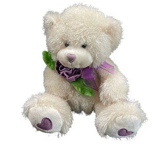Caltoy Teddy Bear Stuffed‎ Animal Plush Cream Purple Heart Feet Bow 10"